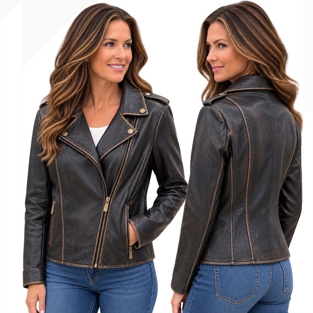 7 For All Mankind Womens Faux Leather Moto Jacket Black Distressed small